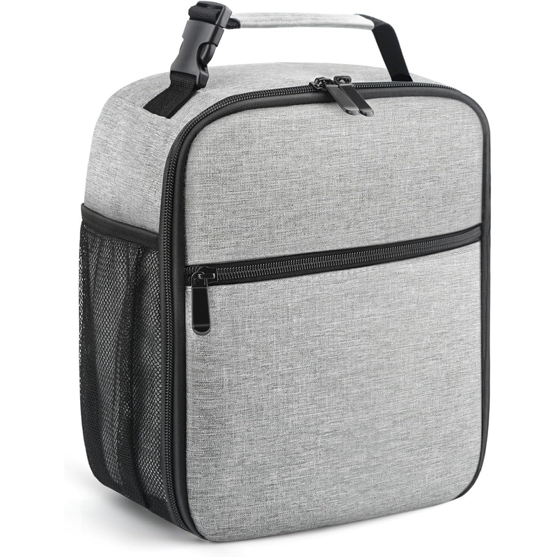 Dual Zippers Insulated Lunch Box, Cooler Lunch Tote Bag, Grey