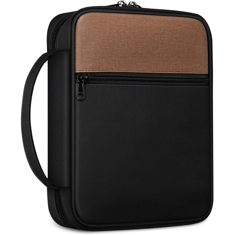 FINPAC Bible Cover, Carrying Book Case Church Bag Bible Protective with Handle and Zippered Pocket, Gift for Mother Lady Women Men, Black & Brown