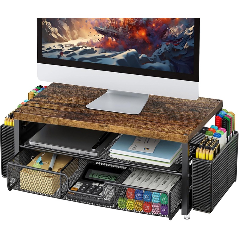 Gianotter Monitor Stand Riser, Desk Organizer with Drawer and Pen Holder, 2-Tier Computer Stand, Office Desk Accessories, Office Organization (Wood)