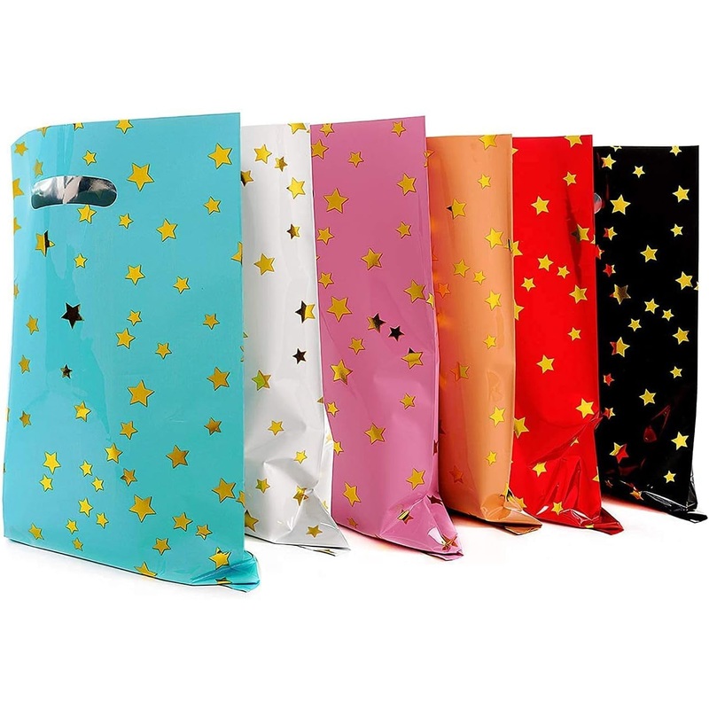 HABILE 48 Pieces of Thicker Gift Bags with Handles, Plastic Party Candy Bags with Sparkling Stars, Suitable for All Kinds of Holiday Parties