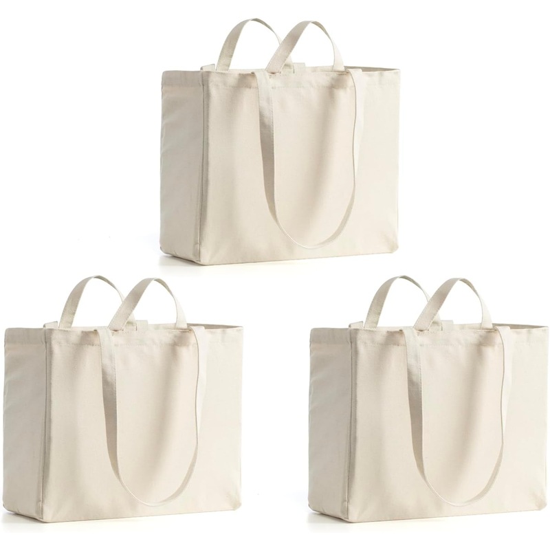 LINICE Reusable Grocery Bags Shopping Bags for Groceries Foldable Heavy Duty Canvas Tote Bag Washable Canvas Bag with Handles (3 Pack)