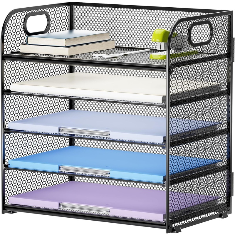 Marbrasse 5 Tier Paper Organizer Letter Tray, Mesh Desk File Organizer with Handle, Paper Sorter Desk Organizer for Home Office Supplies(Black)