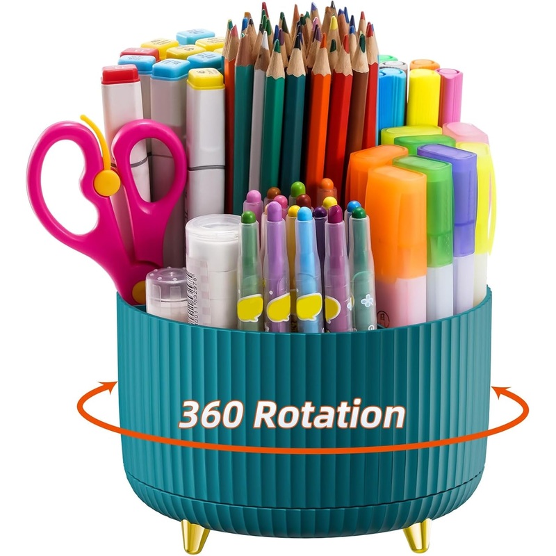 Marbrasse Desk Organizer, 360-Degree Rotating Pen Holder for Desk, Desk Organizers and Accessories with 5 Compartments Pencil Organizer, Art Supply Storage Box Caddy for Office, HomeGreen