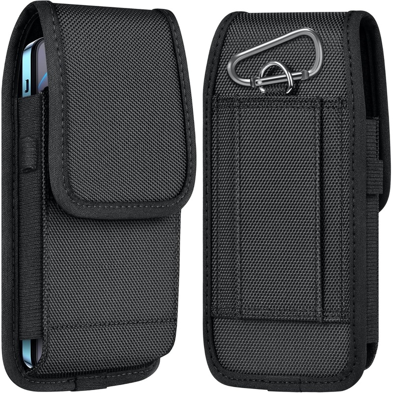 Nylon Phone Belt Pouch with Velcro Closure, Pen Holder & Carabiner Hanging, Universal, BlackL