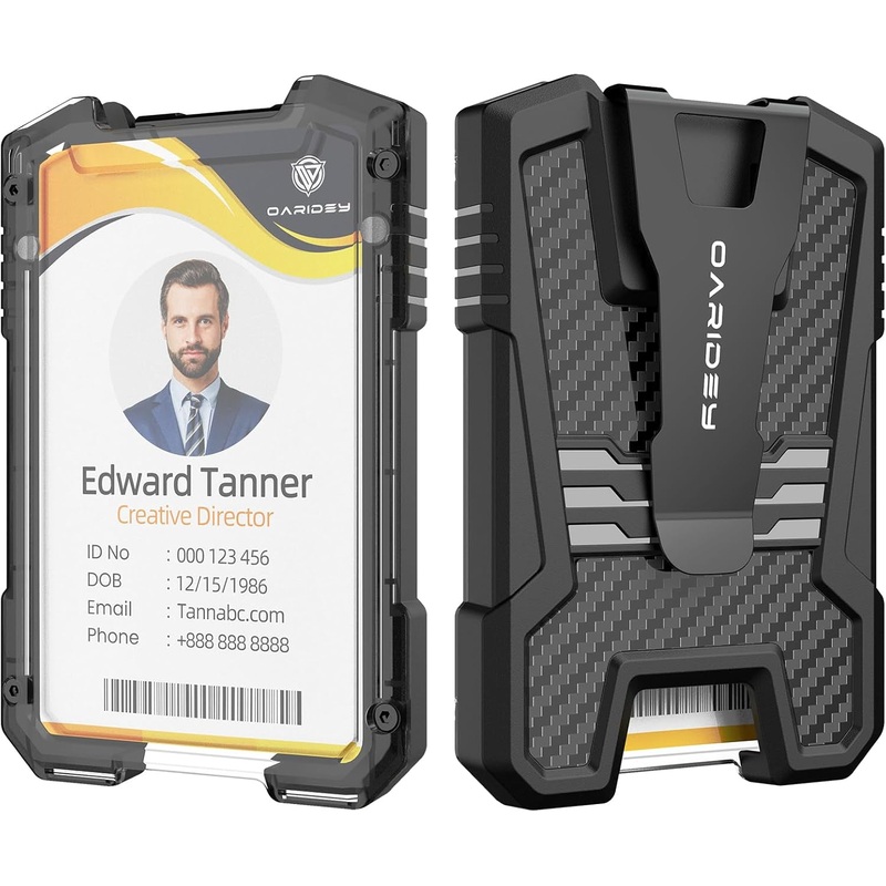 Oaridey Carbon Fiber Badge Holder/Id Card Holder/Portable Travel Wallet with Manganese Steel Clip, Heavy Duty Vertical Clear ID Holder for Work ID, Credit Cards