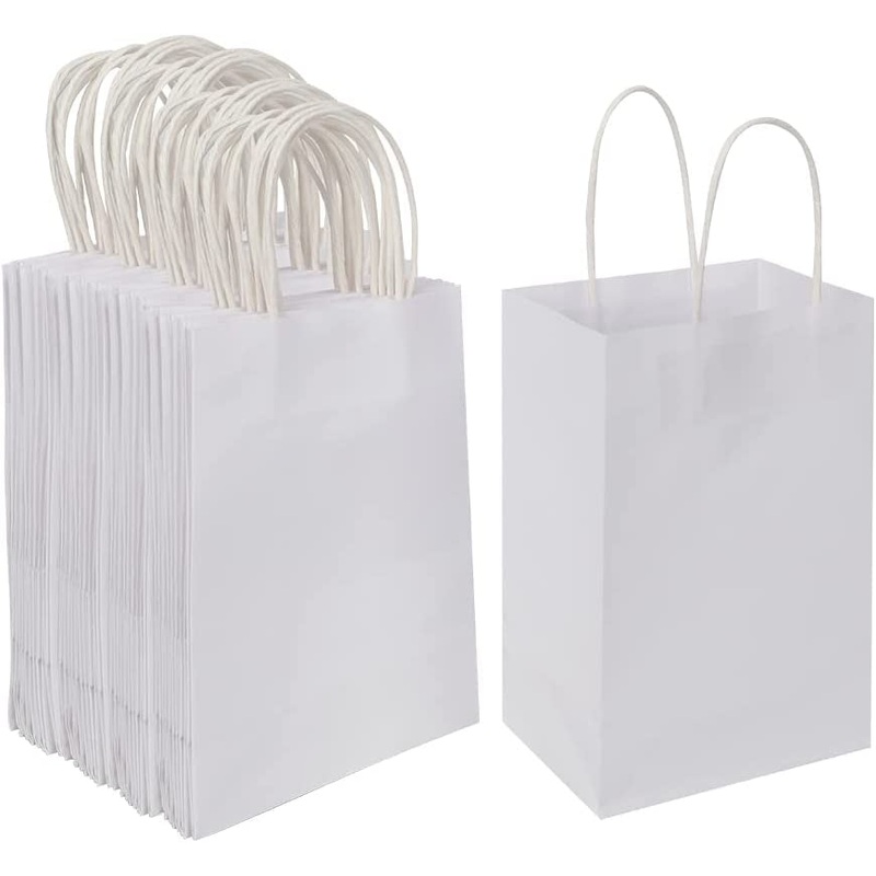 Oikss 100 Pack 5.25X3.25X8.25 Inch Small White Kraft Paper Bags with Handles Bulk for Birthday Wedding Party Favors Grocery Retail Shopping Business Goody Craft Gift Bags Cub Sacks (100Pcs Count)