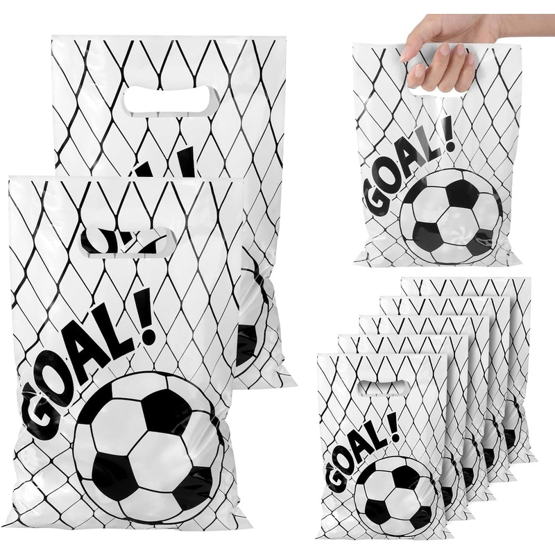 PEUTIER 50Pcs Soccer Gift Bags - Plastic Goodie Bags for Team Kids Teens Games Sports Events (White)