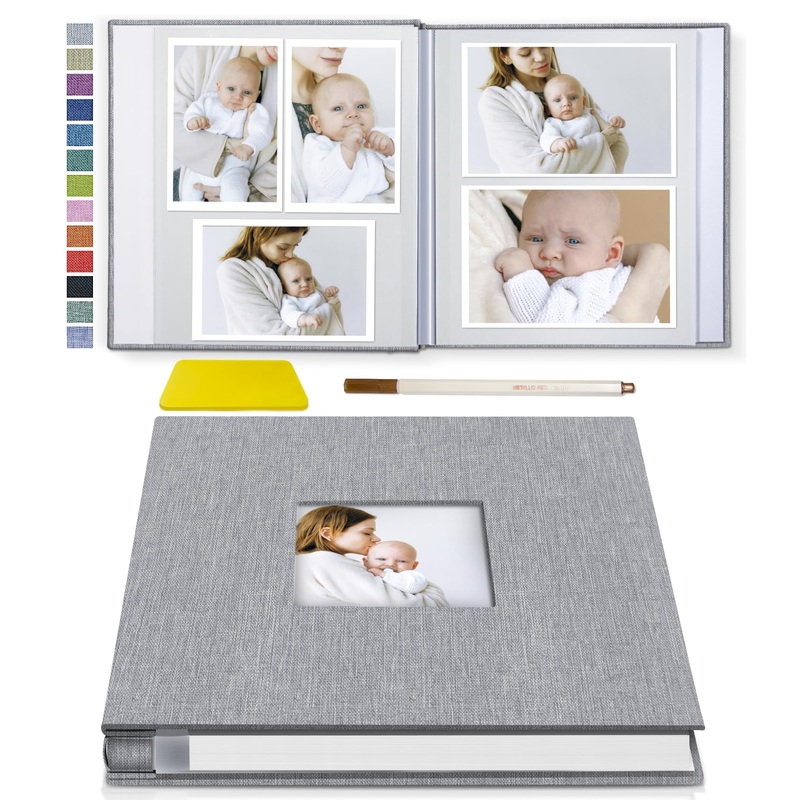 Popotop Linen Cover Photo Album with Picture Display Window, Scraper & Metallic Pen