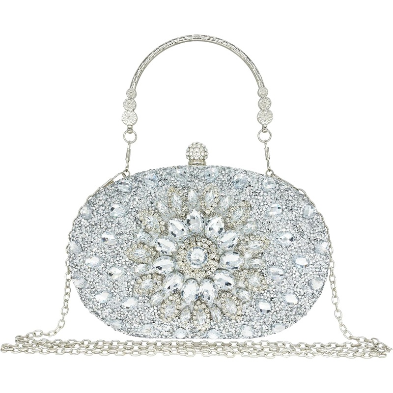 Rhinestone Evening Clutch Bag with Carrying Handle & Removable Chain