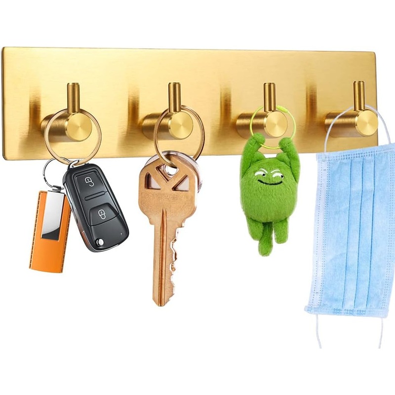 Self-Adhesive Key Holder for Wall Decorative with 4 Hooks, Golden