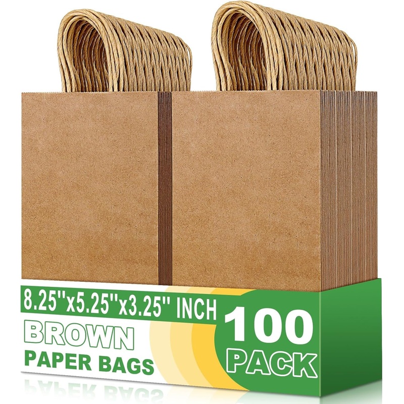 Small Brown Paper Bags with Handle Kraft Gift Bags 100 Pack, 5.25X3.25X8.25 Inch Small Gift Bag for Wedding, Christmas, Birthday Party Favors, Grocery, Craft, Retail Shopping, Goody, and Business