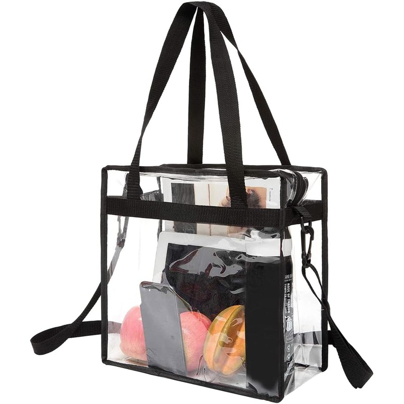 Stadium Approved Clear Tote Bag with Zipper & Adjustable Strap, Shoulder Crossbody Bag, Black