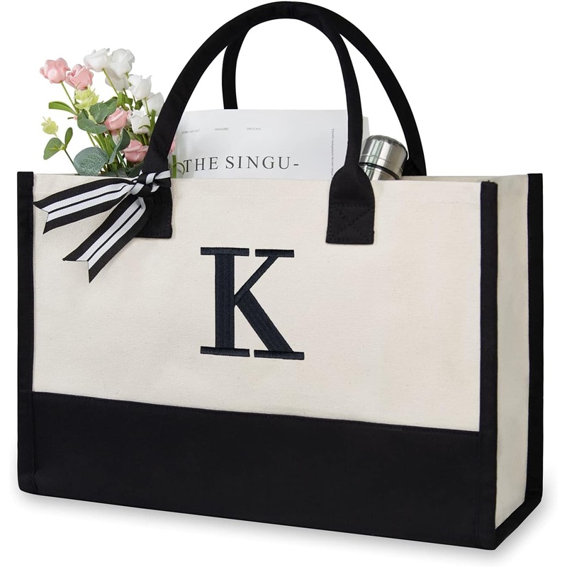 Topdesign Embroidery Initial Canvas Tote Bag, Personalized Present Suitable for Wedding, Birthday, Beach, Holiday, Is a Great Gift Women, Mom, Teachers, Friends, Bridesmaids (Letter K)