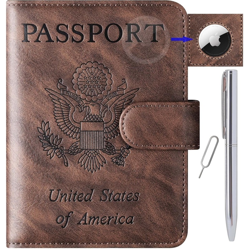 Travel Passport Wallet with Airtag Slot, Metal Pen & SIM Pin, Unisex, Coffee