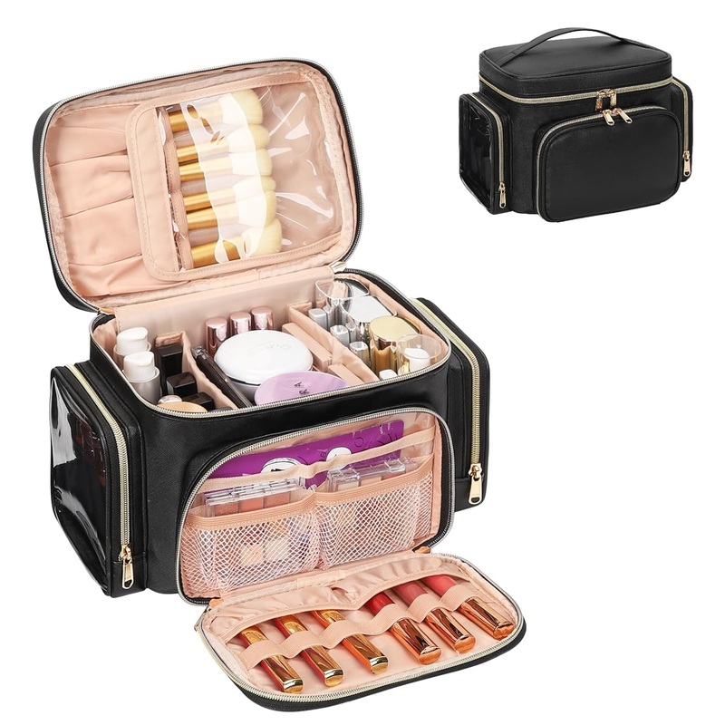 Travel Toiletry Makeup Bag for Women with Brush Compartment & Two Side Pocket, Black