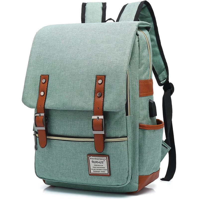 UGRACE Vintage Laptop Backpack with USB Charging Port, Water Resistant Travelling Backpacks College Bag for Men Women, Fits up to 15.6Inch Laptop in Green