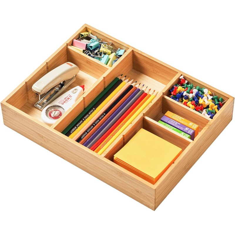 Umilife Desk Drawer Organizer, Bamboo Wood Organizer Tray with Adjustable Compartments, Office Desk Accessories Supplies Organization Storage, 12" X 9"
