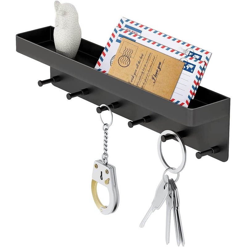 Wall Mount Key Holder with 6 Hooks & Mail Organizer Tray, Black