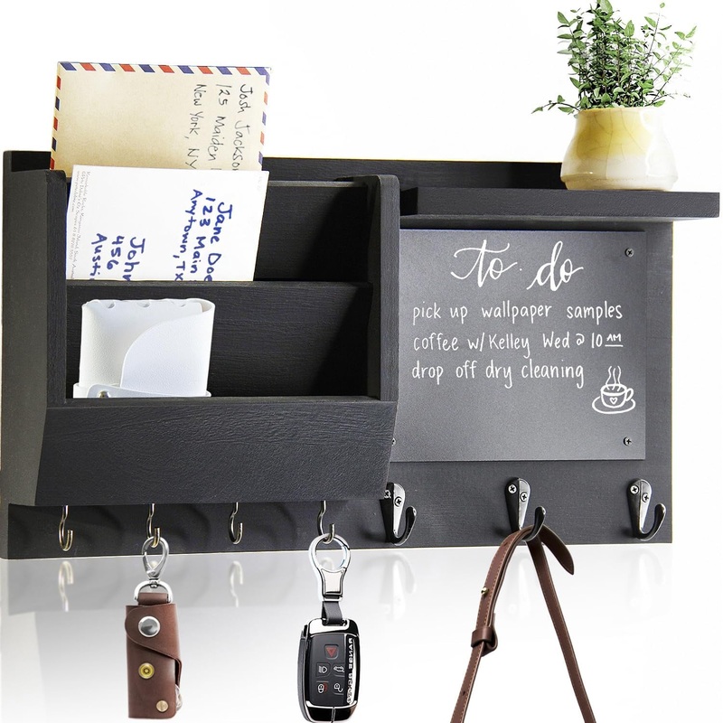Wall Mount Wood Key Holder with 7 Hooks, Mail Organizer & Chalkboard