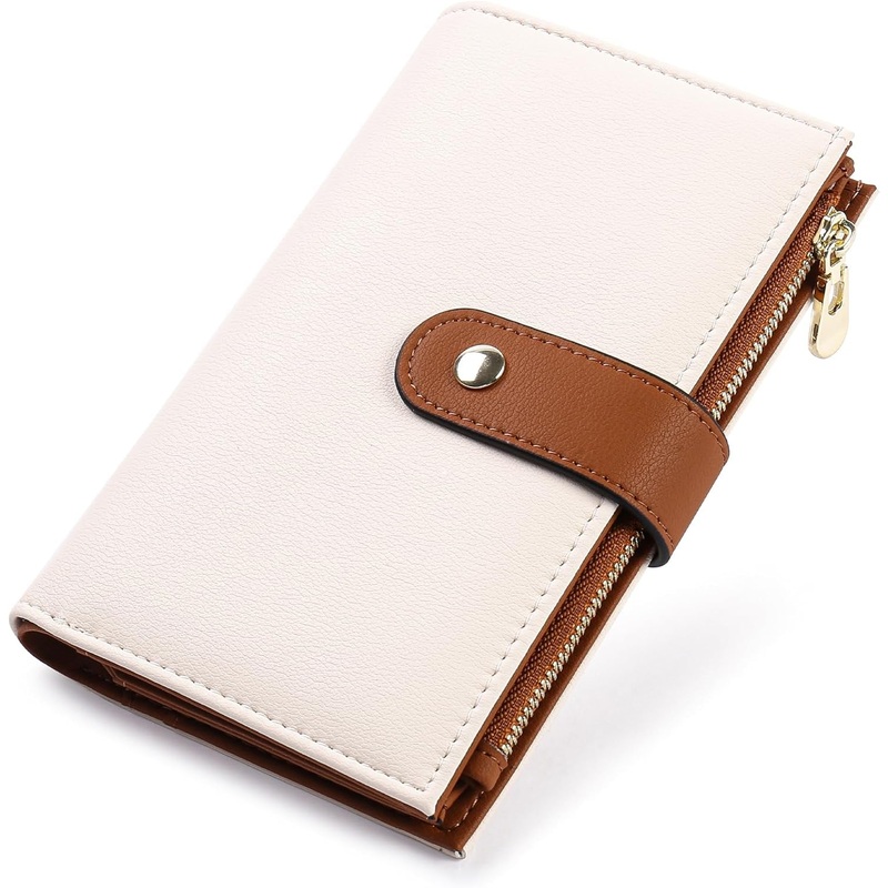 Women's Leather Trifold Clutch Wallet with Pen Holder - Beige & Brown