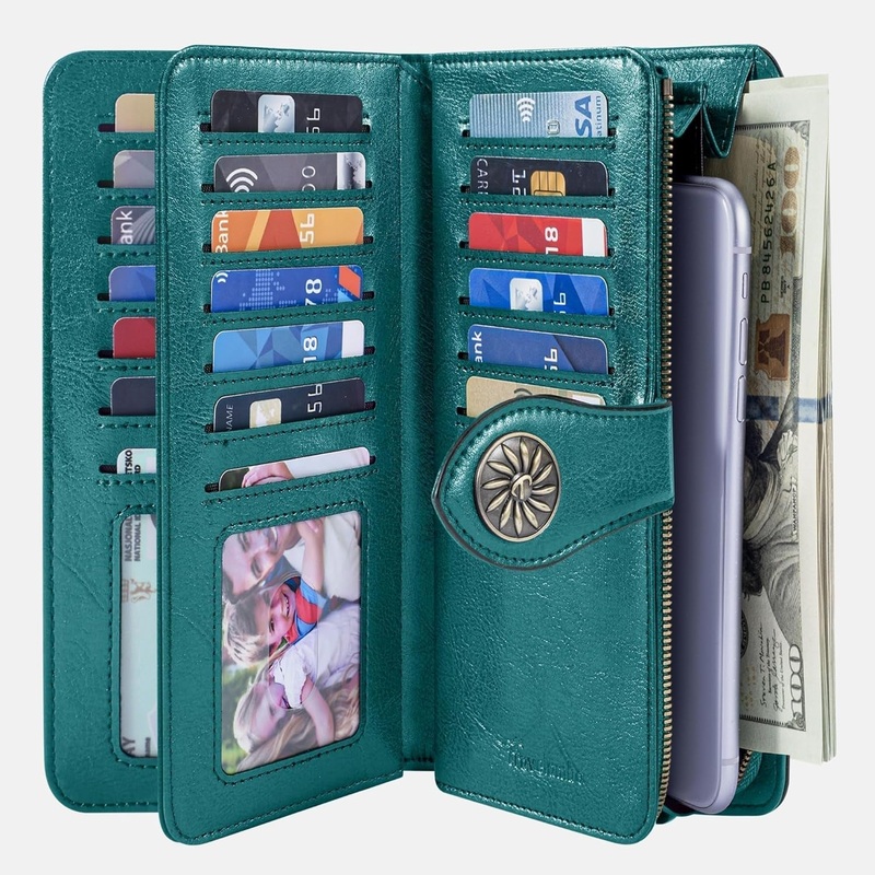 Womens Clutch Wallet with Wristlet Faux Leather Long Credit Card Holder