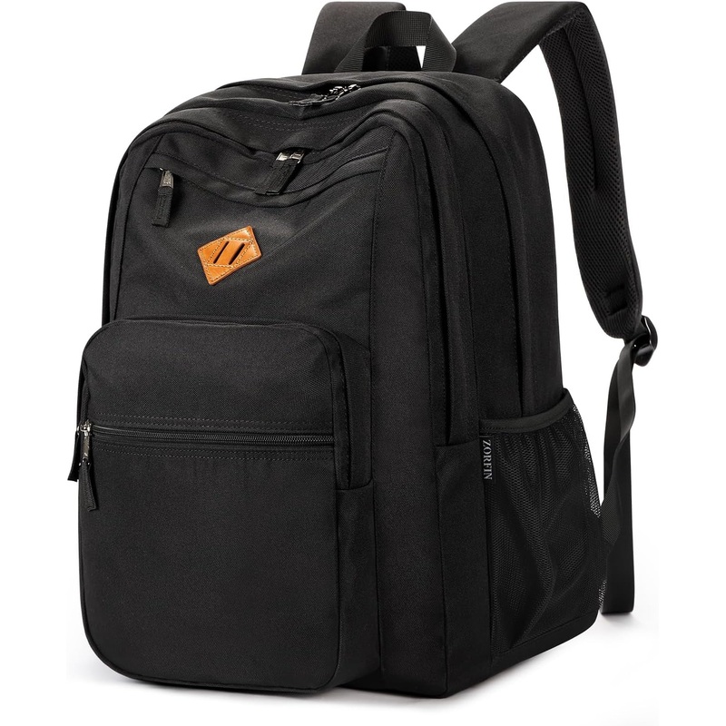 ZORFIN 26L Black Backpack for School, College, and Travel: Water Resistant Bookbag with 8 Compartments