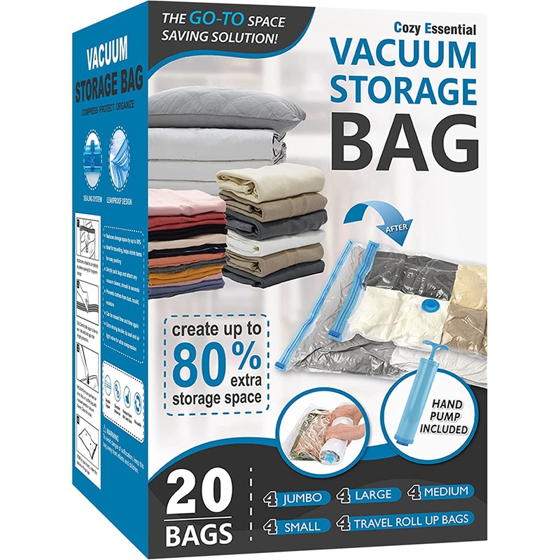20 Pack Vacuum Storage Bags with Hand Pump for Travel & Seasonal Storage, 5 Sizes