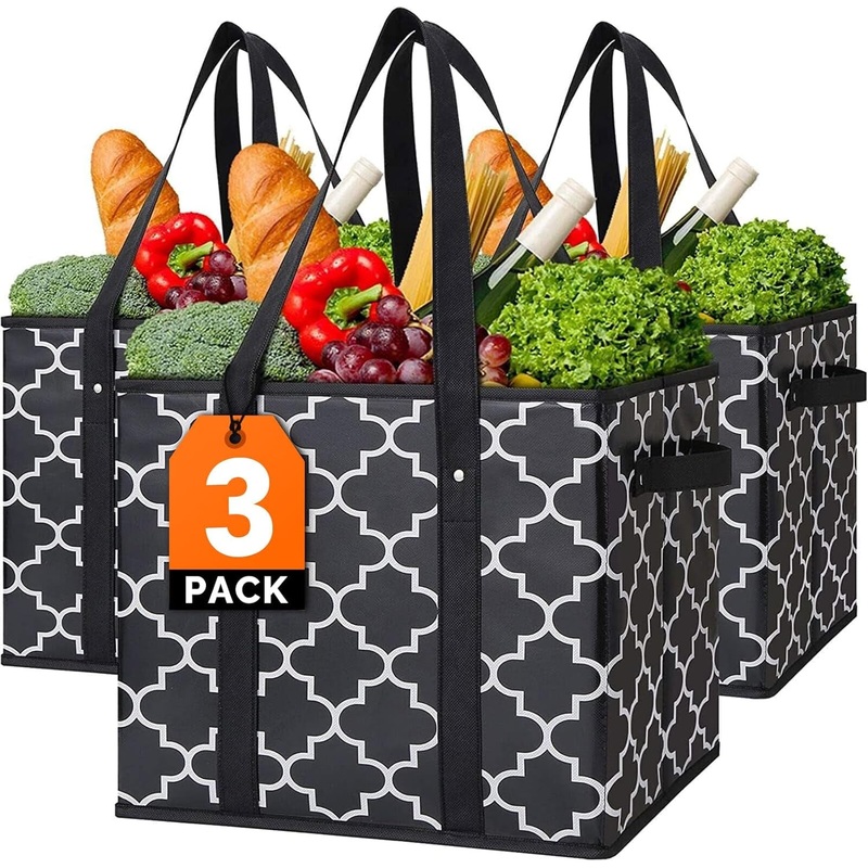 3-Pack Heavy-Duty Shopping Tote Bag with Dual Handles, Waterproof Foldable & Holds 33lbs, Black