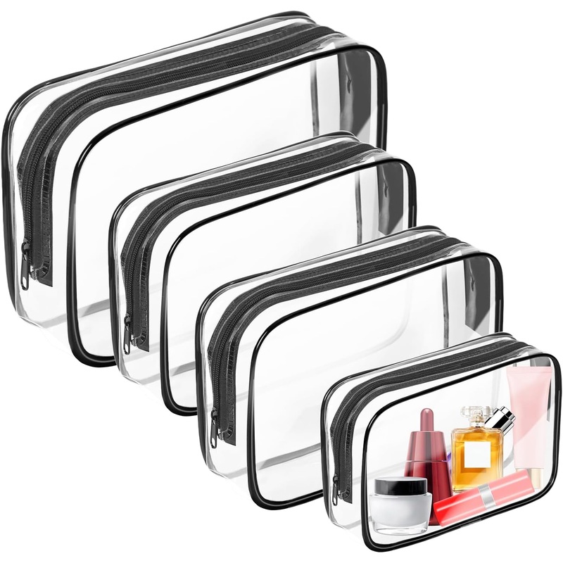 4 Pack Clear Toiletry Bag with Zipper, TSA Approved PVC Travel Makeup Organizer