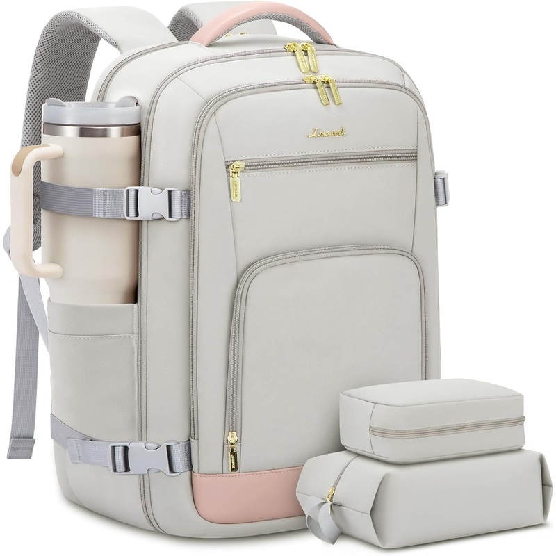 40L TSA Approved Travel Backpack for Women, 17 Inch Business Laptop Backpack with 2 Cubes, Grey-Pink