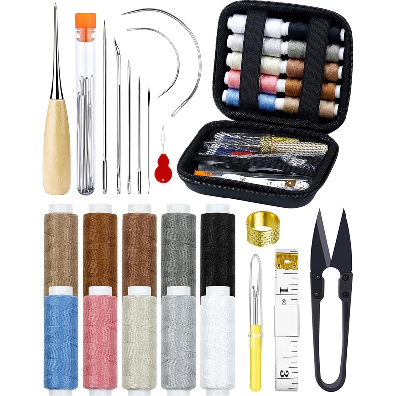 47 Pieces Leather Sewing Kit with Sewing Awl, Seam Ripper, Stitching Needles, Sewing Thread