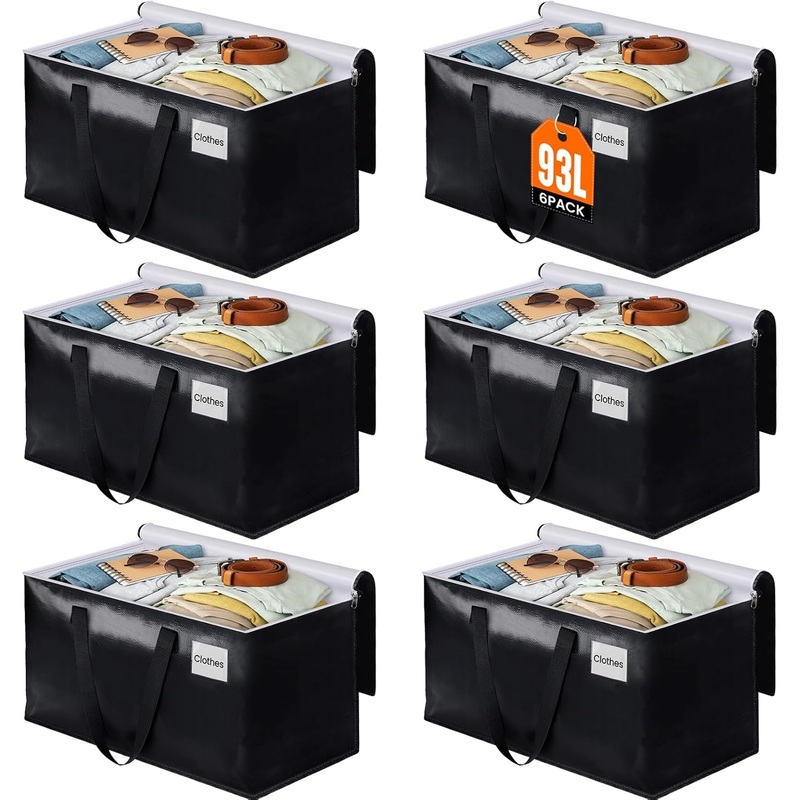 93L Collapsible Heavy Duty Moving Bags with Zipper, Handles & Label Pockets, 6-Pack, Black