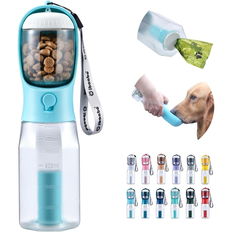 Dog Water Bottle with Food Container & Poop Bag Holder
