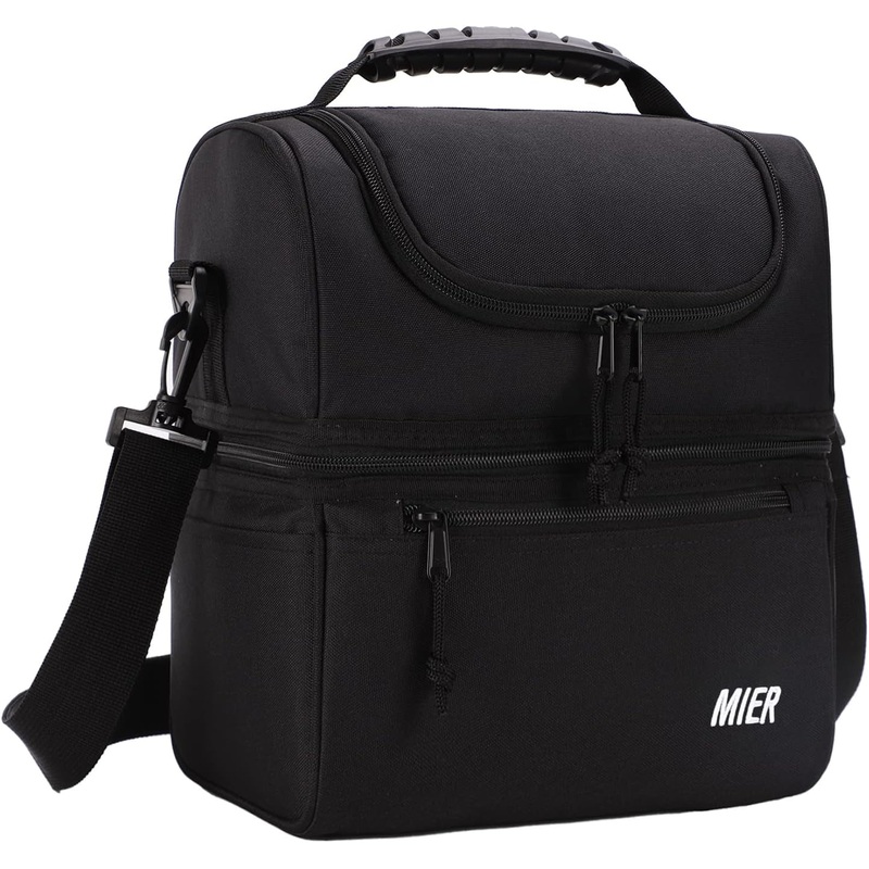 Dual Compartment Insulated Lunch Bag, Leakproof Cooler Bag for Work, Black