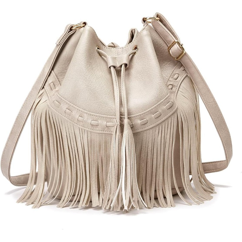 Leather Bucket Bags with Tassel, Drawstring Crossbody for Women, Shoulder Handbags