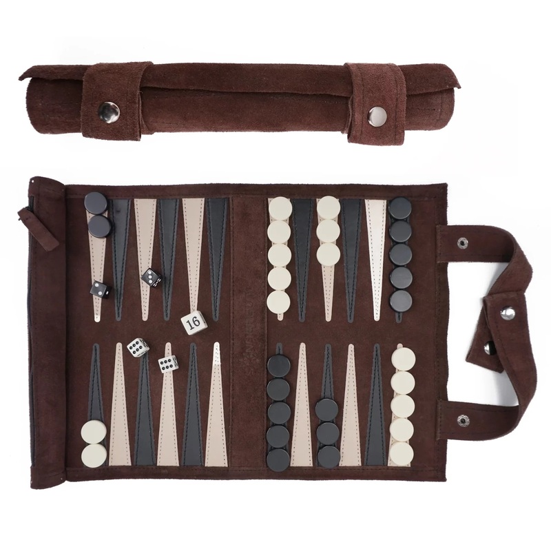 Pitkin Stearns Backgammon Roll-Up Travel Game - Suede Mocha