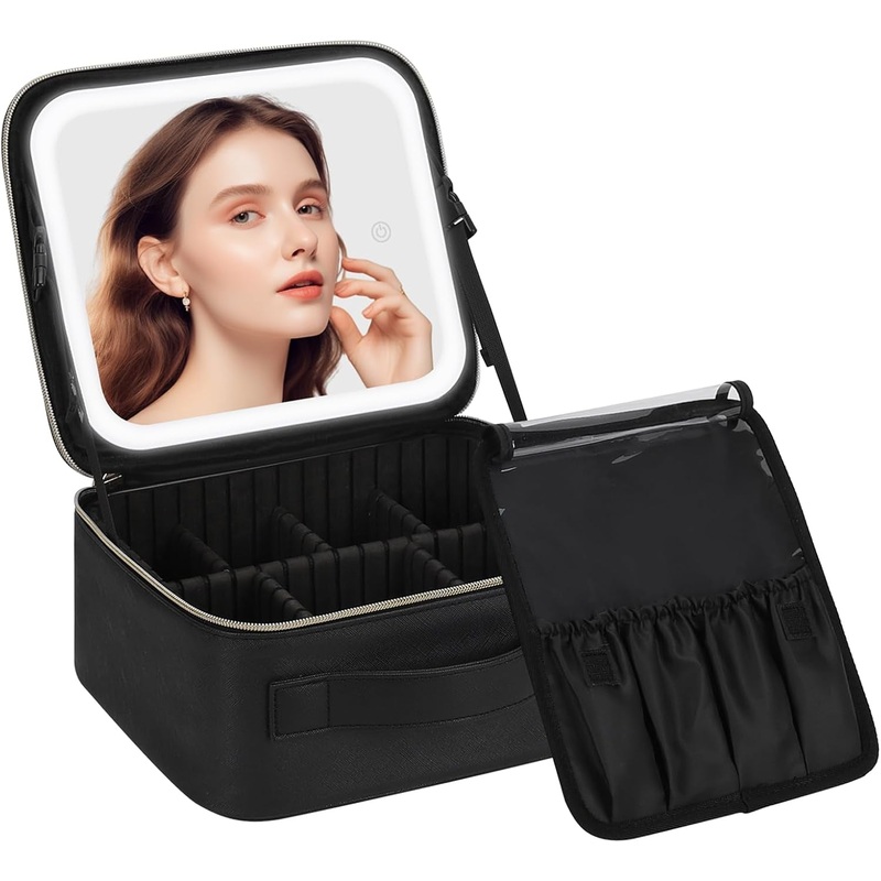 Travel Makeup Bag for Women with LED Mirror, Adjustable Dividers & Brush Holder
