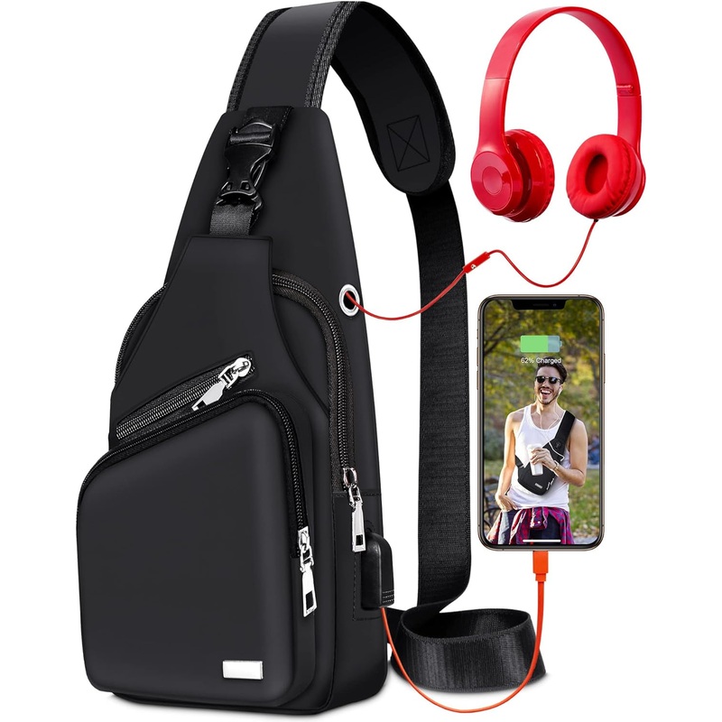 Unisex Crossbody Sling Bag, Chest Bag With Usb and Headphone Ports