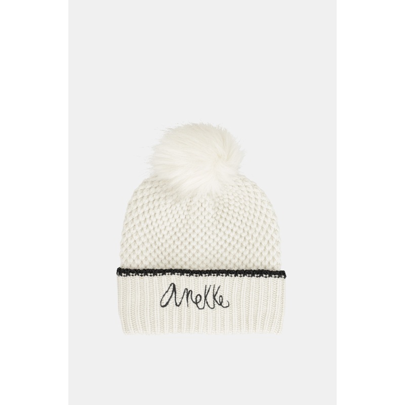 Beige knitted beanie with pompom