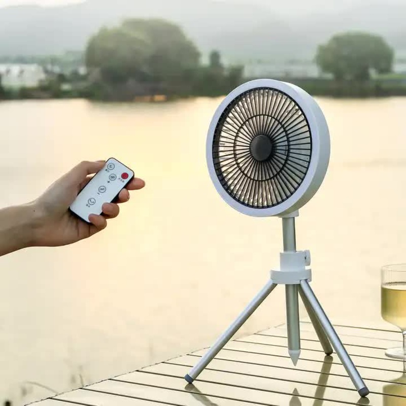 White Portable Outdoor Tripod Fan  USB Rechargeable Camping Fan with Remote Control, Folding & Adjustable for Outdoor Activities and Travel